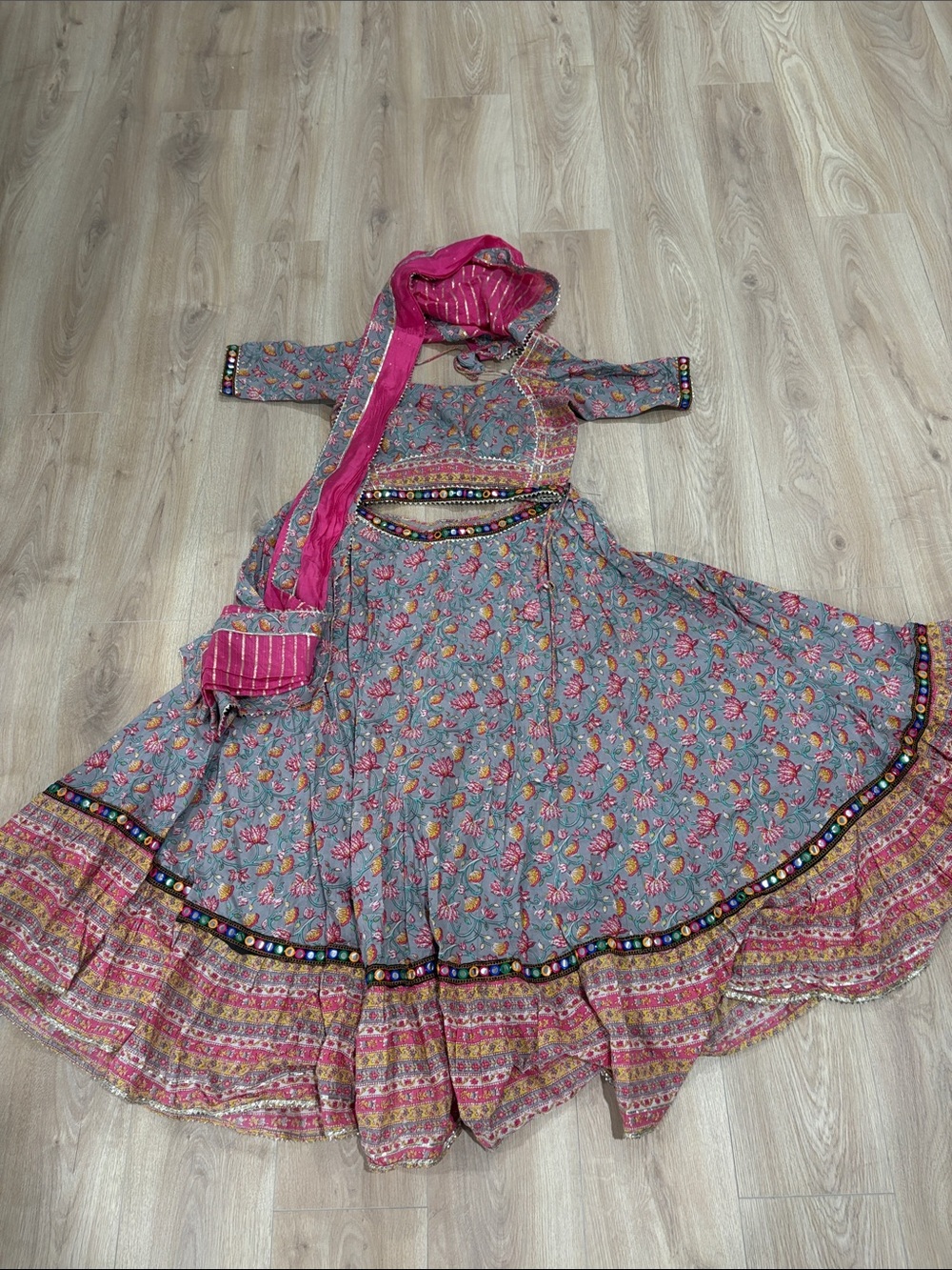 Girls Pink & Gray Floral Anarkali Dress with Dupatta